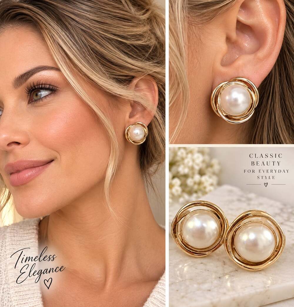 Gold-Tone Swirl Faux Pearl Stud Earrings